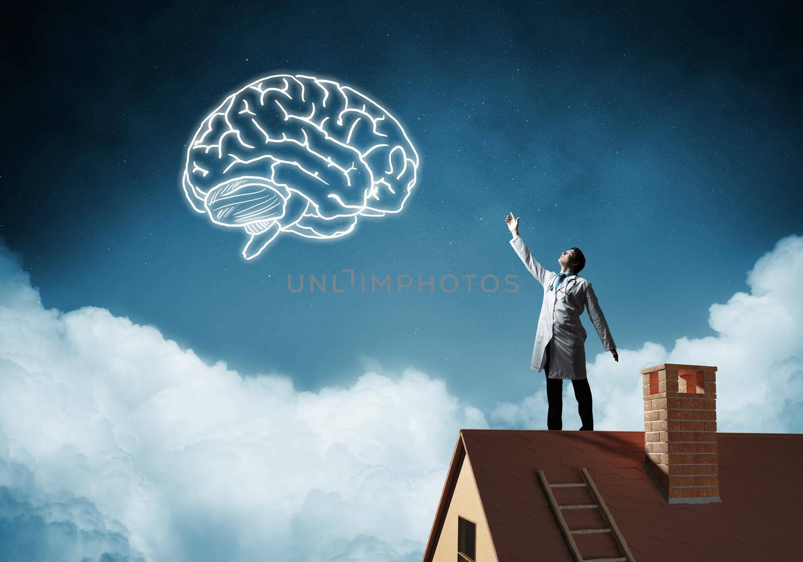 Conceptual image of confident doctor in white uniform interracting with glowing brain symbol while standing on brick roof against night cityscape view on background.