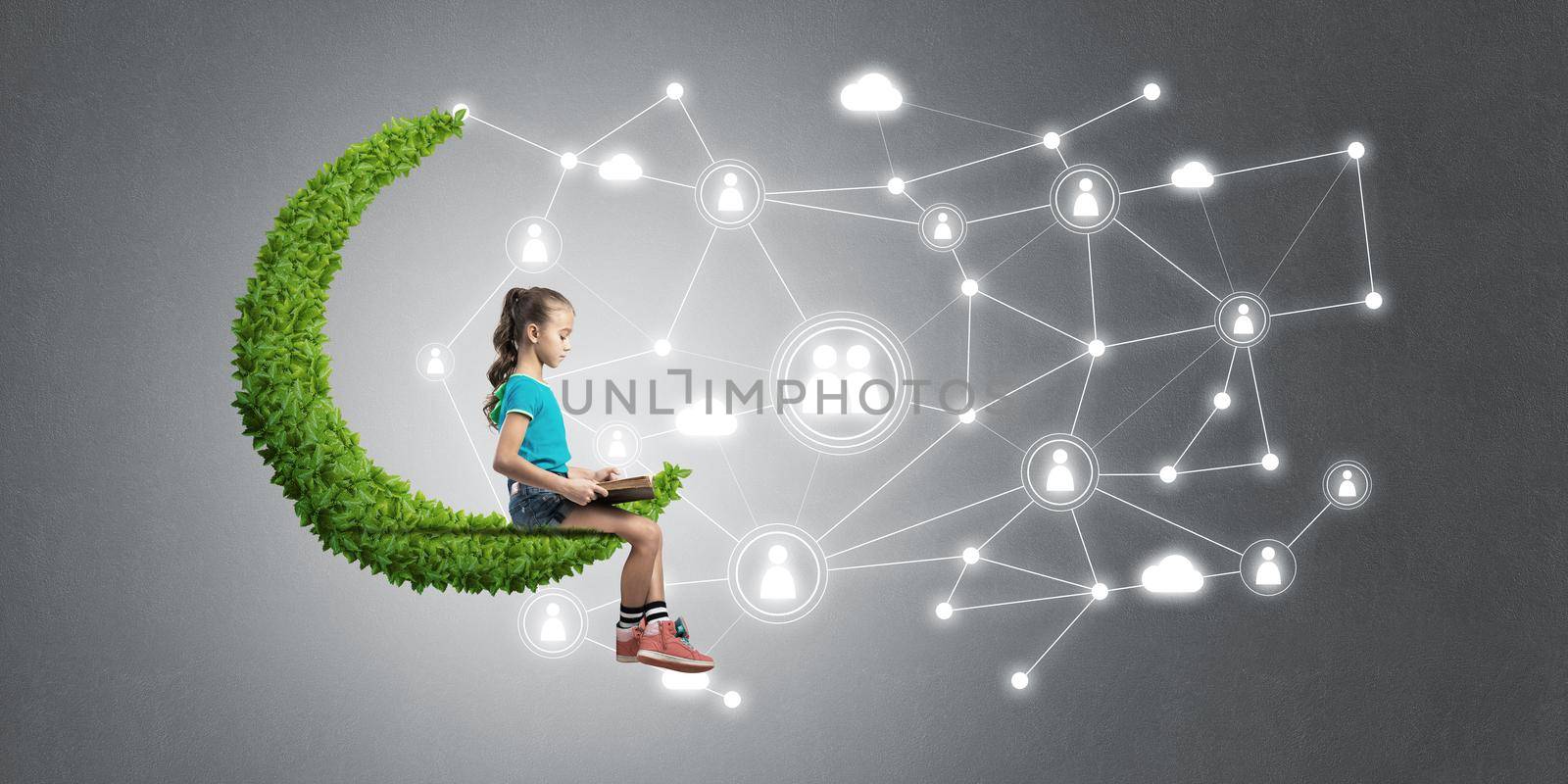 Cute kid girl sitting on green moon and social connection concept
