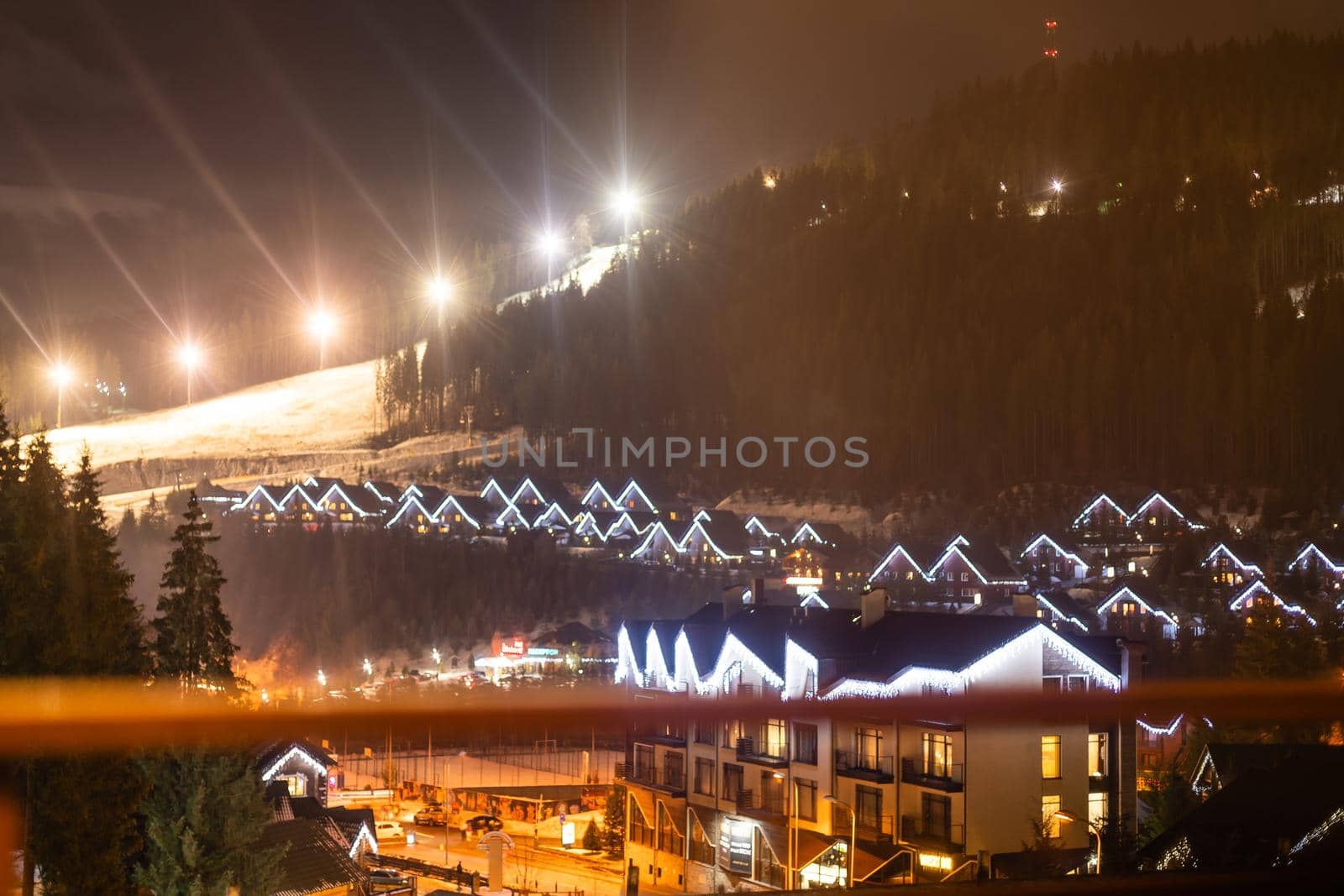 Evening landscape in the winter resort of Bukovel