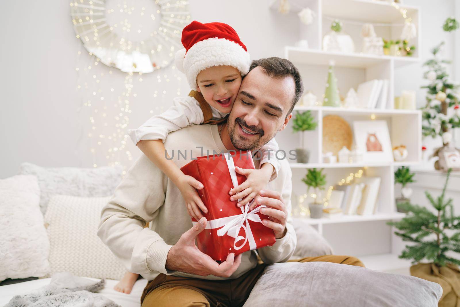 Young dad and his son celebrate christmas together, portrait