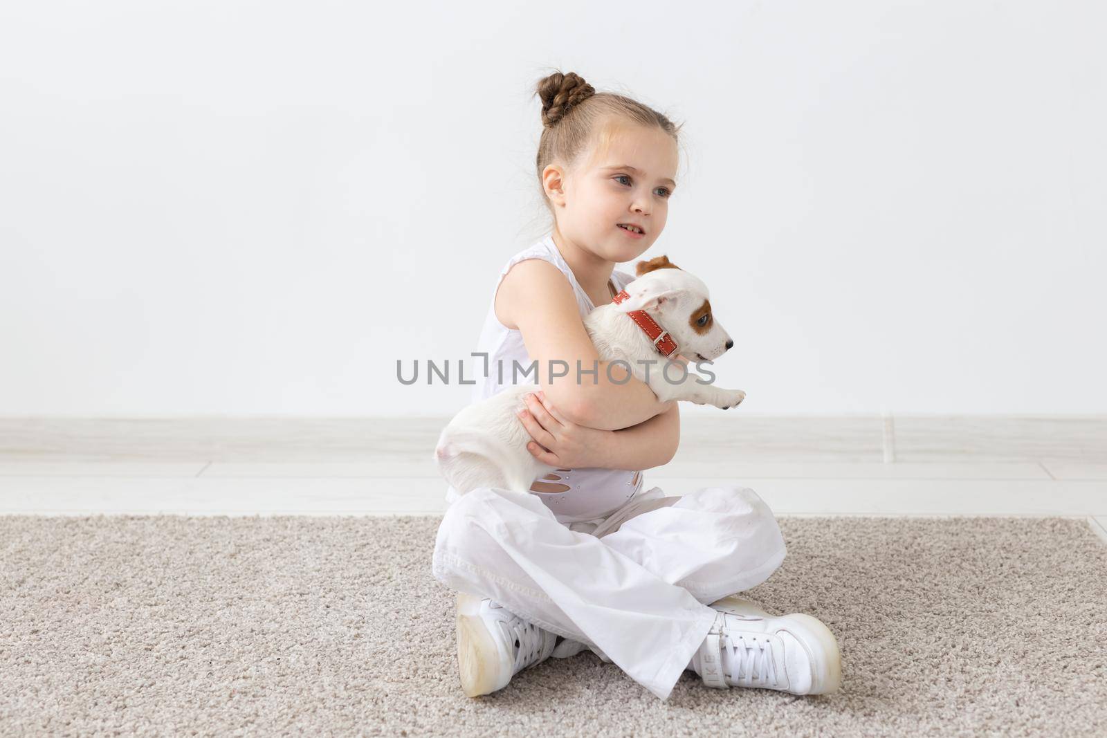 Pets and animal concept - Child girl playing with puppy Jack Russell Terrier by Satura86