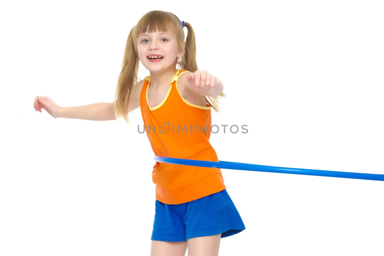A girl gymnast performs an exercise with a hoop. The concept of gymnastics and fitness. Isolated on white background.