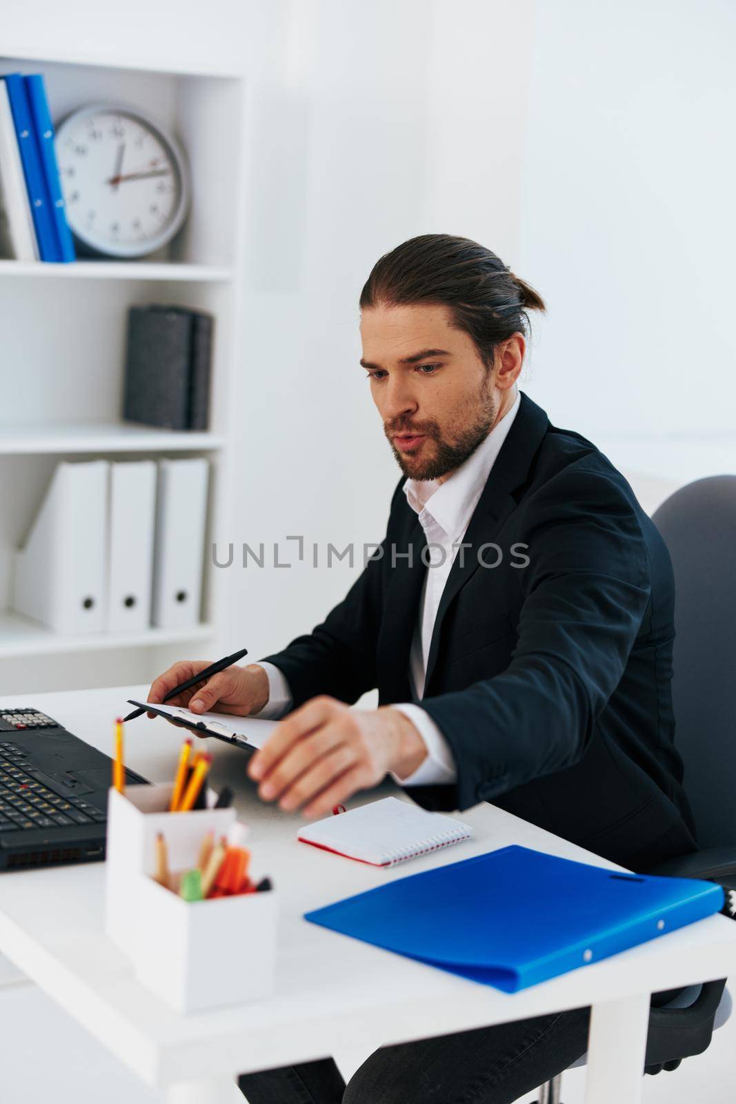 businessmen laptop desktop office technology. High quality photo