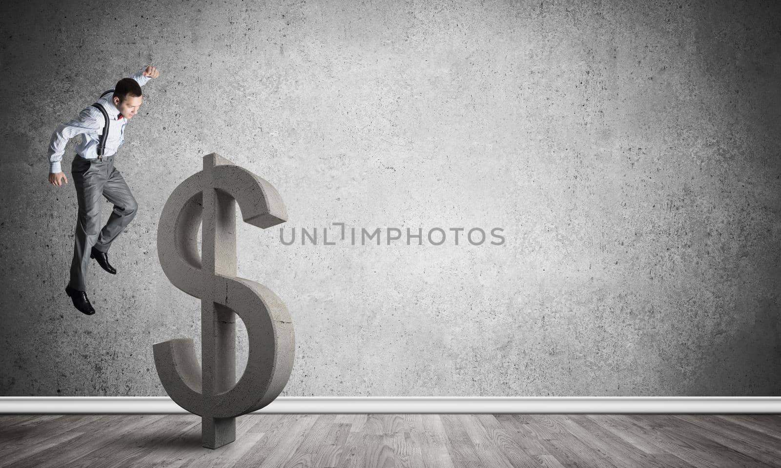 Young furious businessman going to crash with fist stone dollar symbol