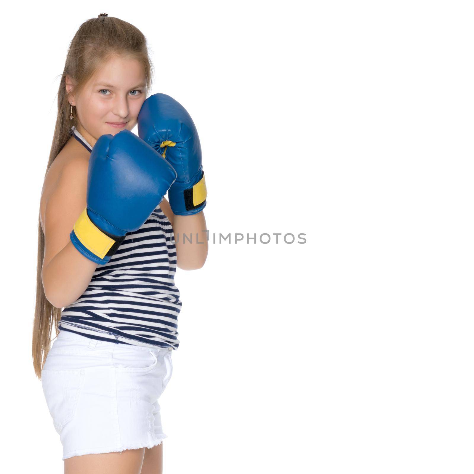 Teenage girl in boxing gloves. The concept of sport, fitness and healthy lifestyle of the younger generation. Isolated on white background.