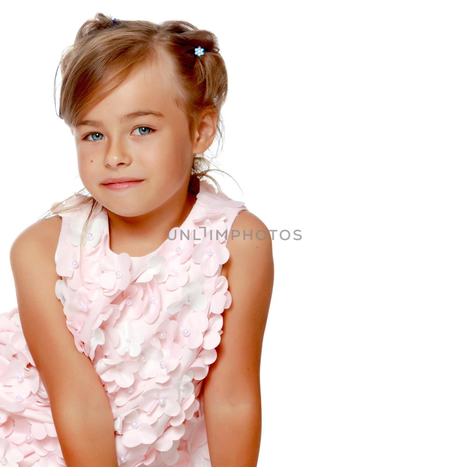 Fashionable little girl in a dress. Beauty and style in children's clothes. Isolated over white background