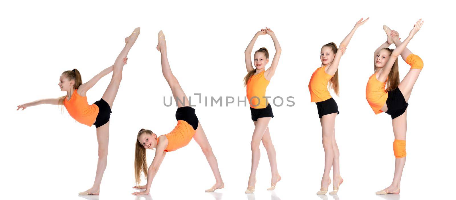 little girl gymnast performs an exercise. Balance on one leg with a grip. Sport concept, gymnastics, fitness. Isolated on white background.