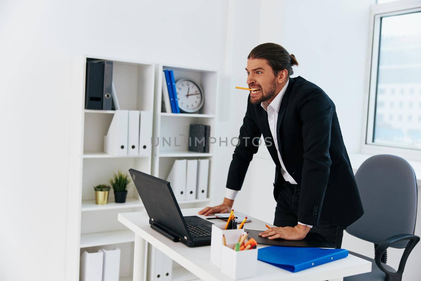 Man office work blue document folder Lifestyle. High quality photo
