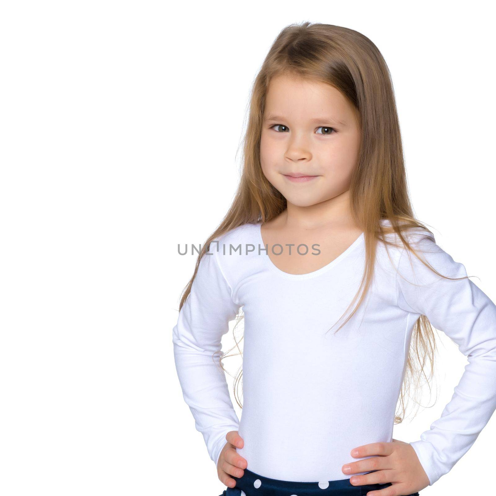 Beautiful little girl close-up. The concept of beauty and fashion, happy childhood. Isolated on white background.