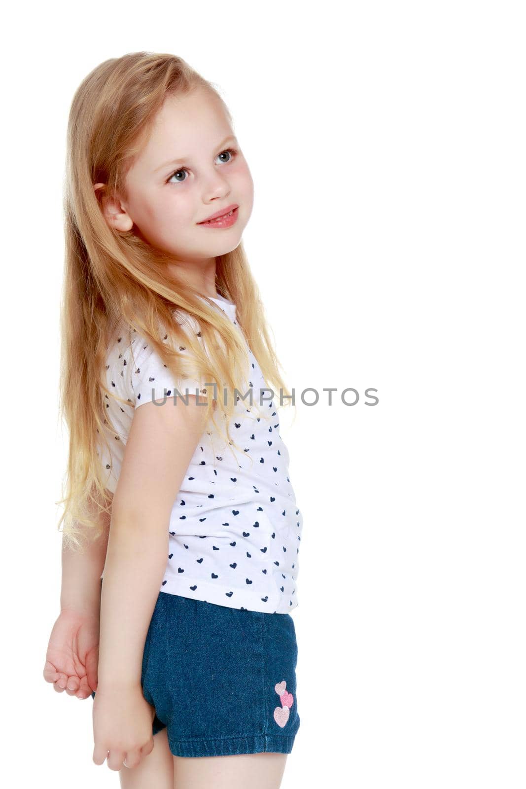Beautiful little girl. The concept of a happy childhood, family well-being. Isolated on white background.