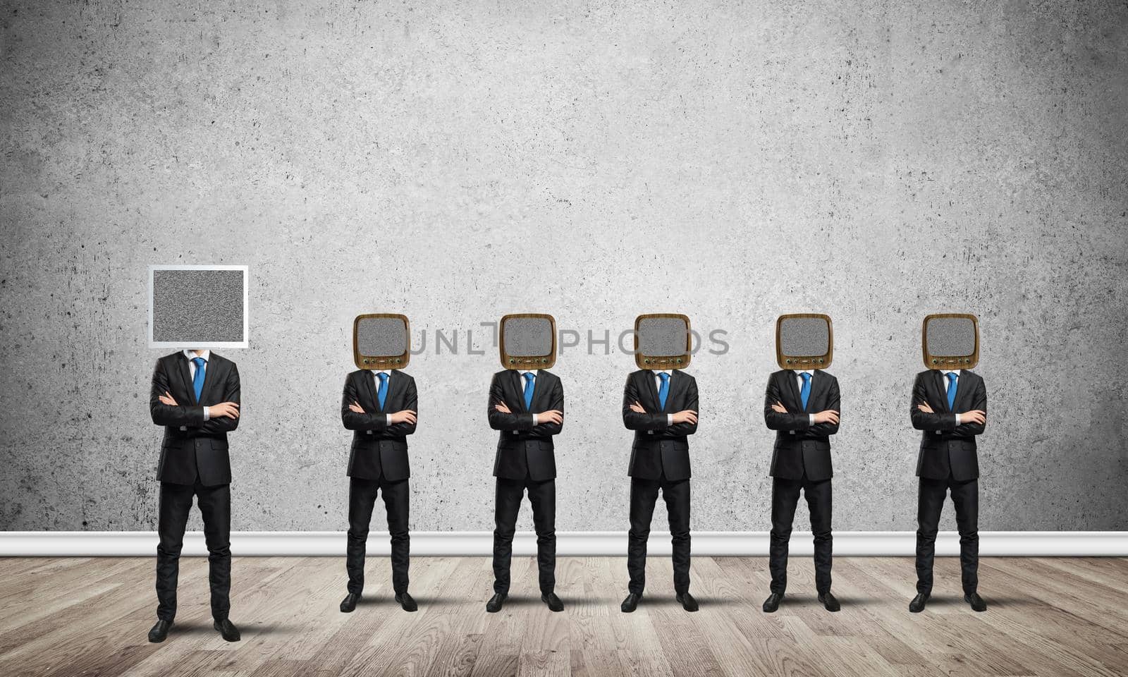 Businessmen in suits with old TV instead of their heads keeping arms crossed while standing in a row