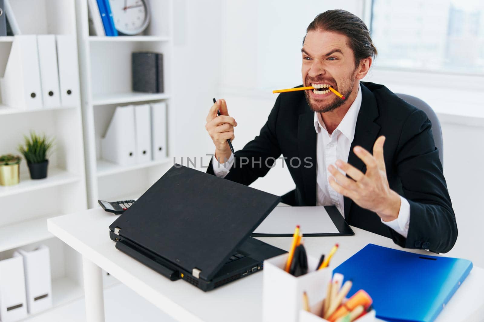 Man office work blue document folder boss. High quality photo