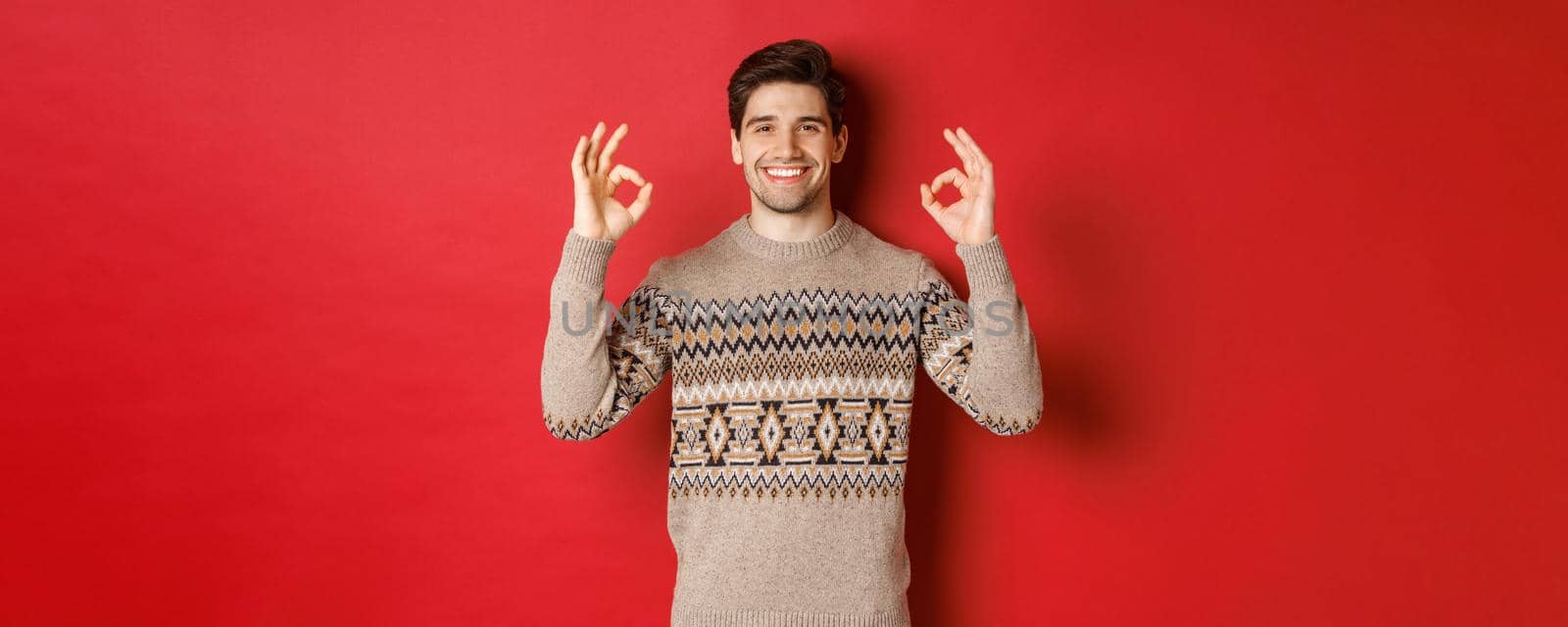 Concept of christmas celebration, winter holidays and lifestyle. Satisfied handsome man in sweater, showing okay signs and smiling pleased, recommending something, red background by Benzoix