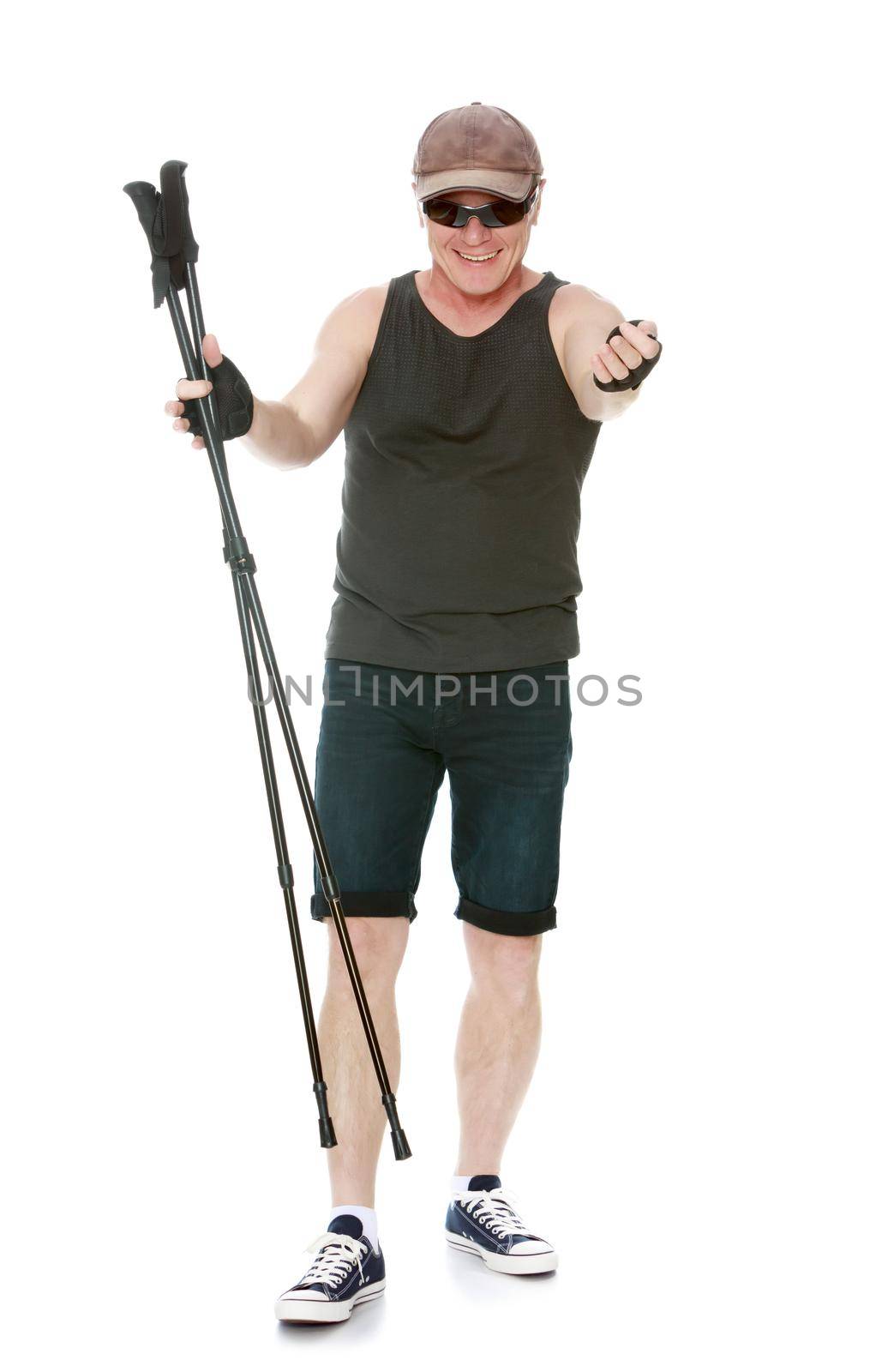 The concept of sports lifestyle and maintenance of health in adulthood. Fifty-year-old man, engaged in Nordic walking with special poles. Isolated on white background