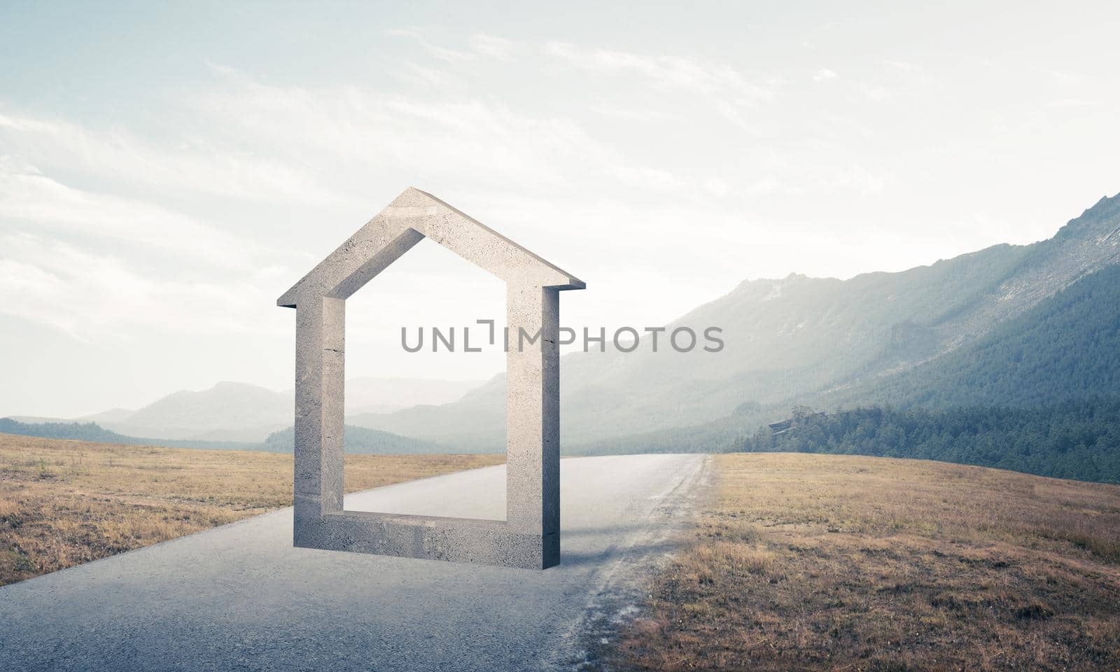 House stone figure as symbol of real estate outdoors against natural landscape