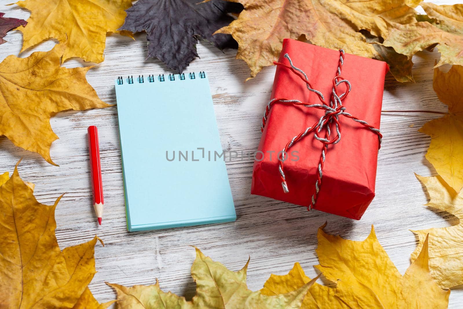 Spiral notepad with pen and gift box lies on vintage wooden desk with bright foliage. Flat lay composition with autumn leaves on white wooden surface. Happy thanksgiving holiday congratulation.