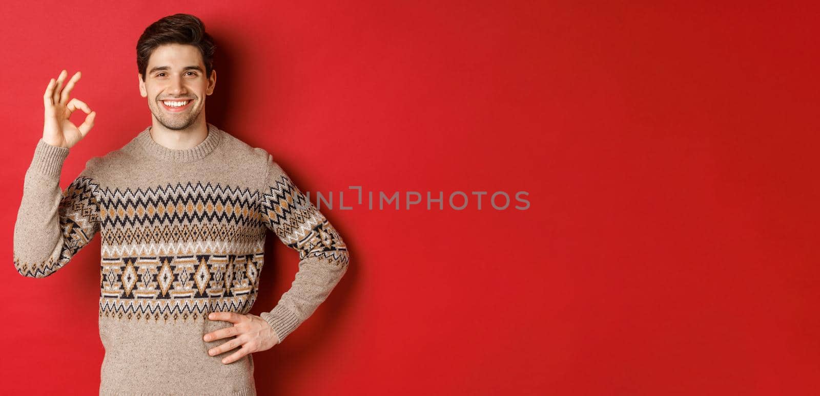 Concept of christmas celebration, winter holidays and lifestyle. Portrait of attractive man in xmas sweater, smiling happy and showing okay sign, praise something good, red background.