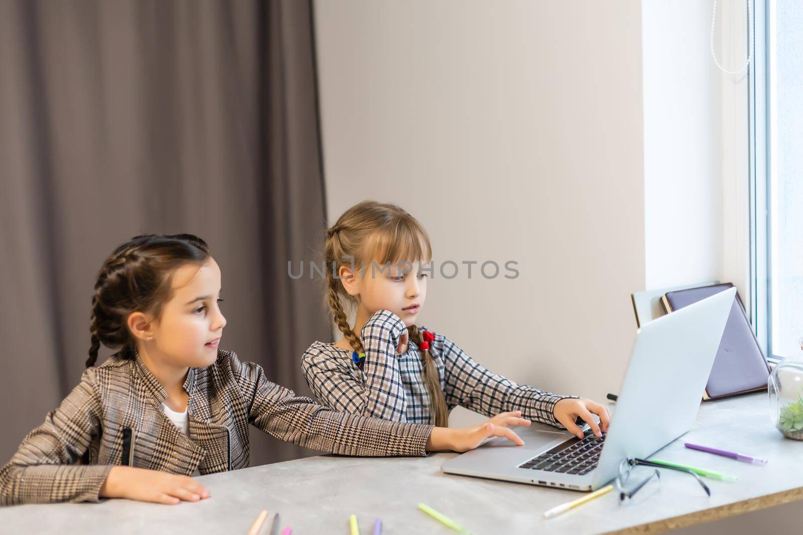 Portrait of two person nice-looking attractive charming cute lovely positive funny cheerful cheery girls researching subject browsing doing homework in light white interior class room indoors