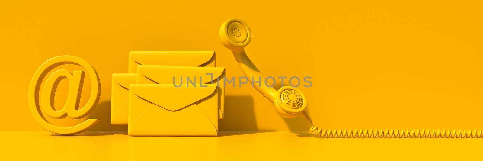 At sign, mail and phone sign 3D render illustration isolated on yellow background