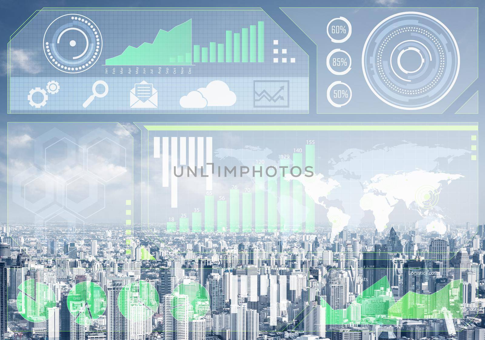 Stock market charts on background of financial district of megapolis city. Digital economy and trading. Risk management and strategy planning. Modern financial technology and data visualization