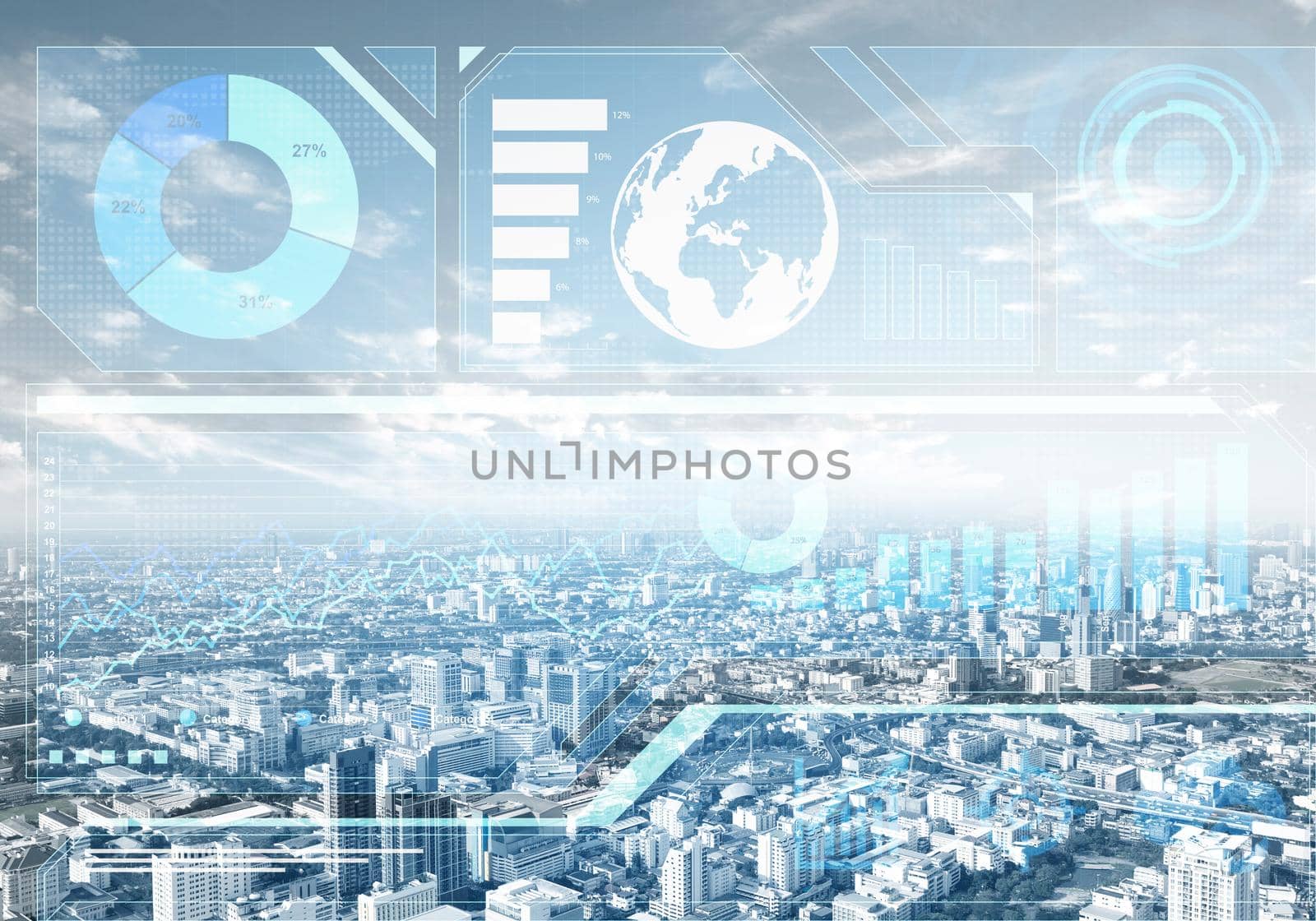 Double exposure business concept with abstract financial graphics on background of modern cityscape. Concept of trading and global financial markets. Digital economy, analytics and statistics.