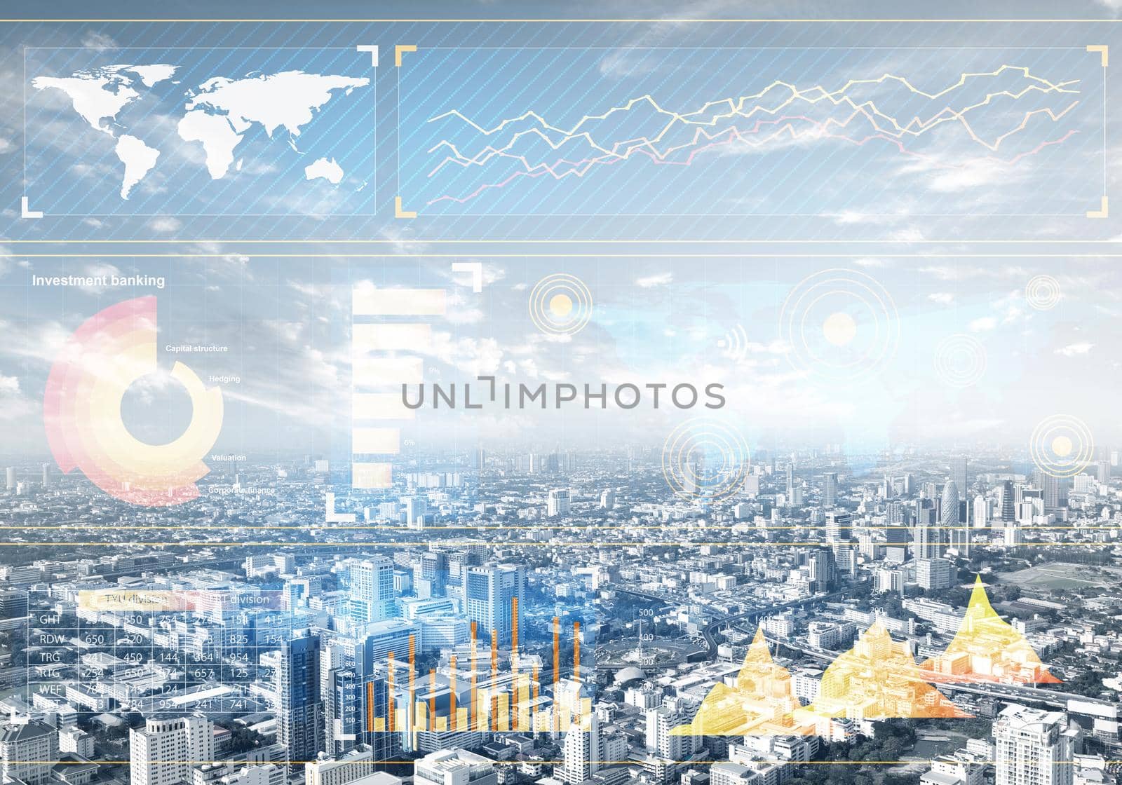 Double exposure business concept with abstract financial graphics on background of modern business district. Digital economy and global online trading. Investment management and strategy planning