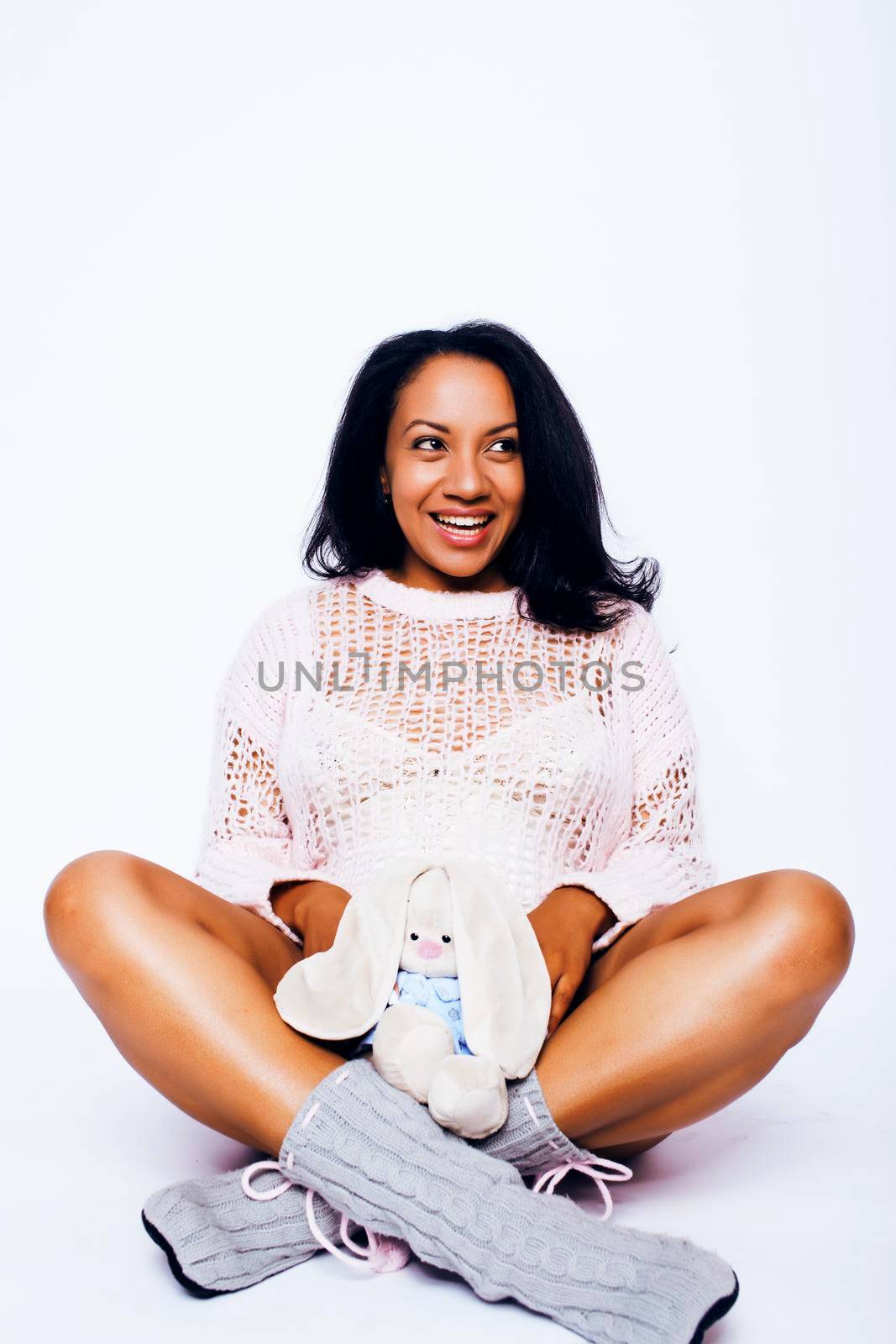 young pretty african american woman pregnant happy smiling, posing on white background isolated , lifestyle people concept copyspace by JordanJ