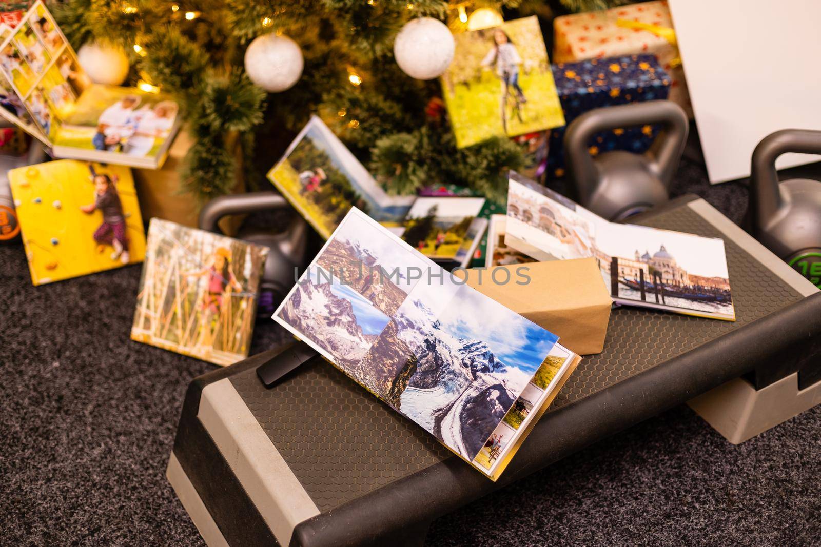 family photo album and weights for sports near the Christmas tree