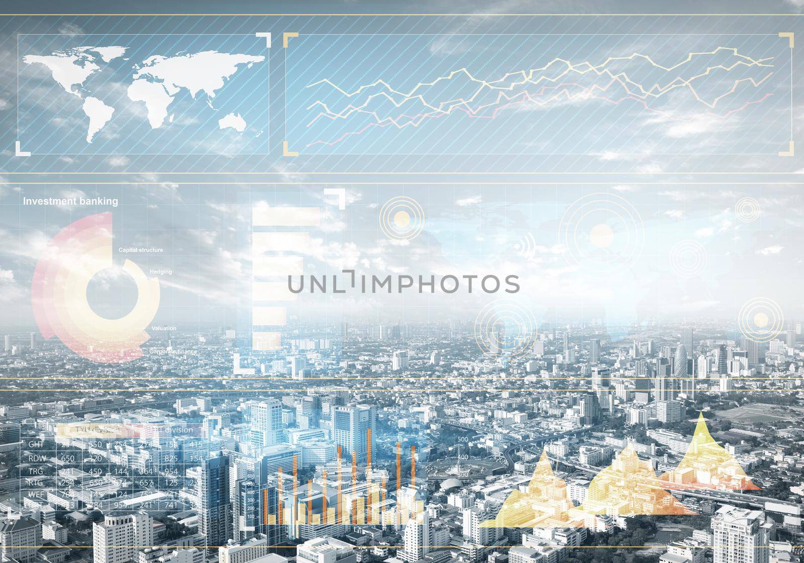 Double exposure business concept with abstract financial graphics on background of modern business district. Digital economy and global online trading. Investment management and strategy planning