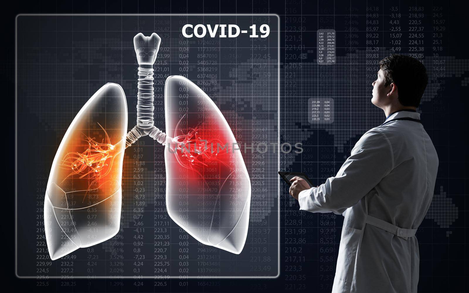 Doctor look at lung damage by COVID virus infection. Digital health concept