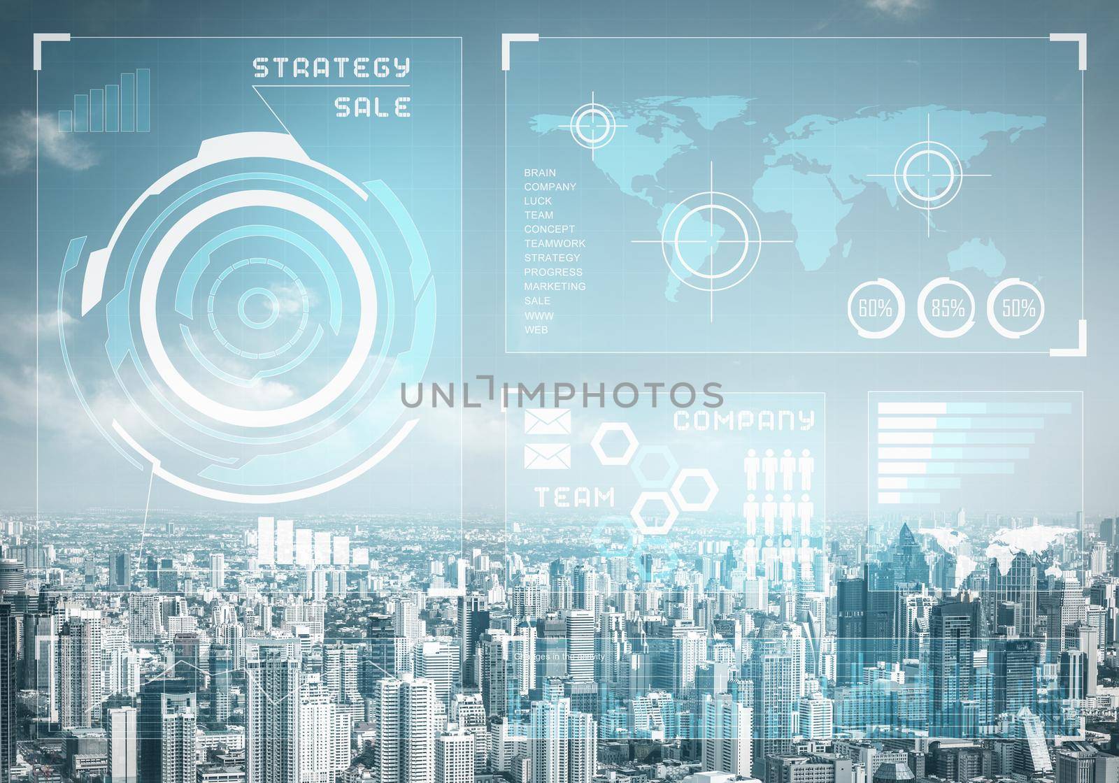 Double exposure business concept with abstract financial graphics on background of modern business district. Digital economy and global online trading. Investment management and strategy planning