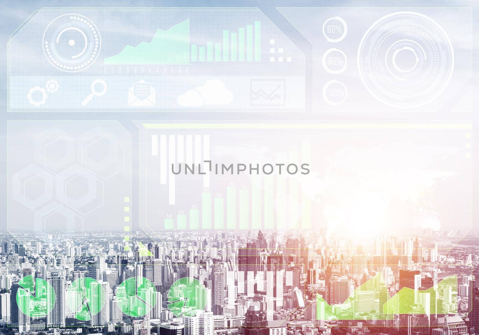 Double exposure business concept with abstract financial graphics on background of modern cityscape. Concept of trading and global financial markets. Digital economy, analytics and statistics.