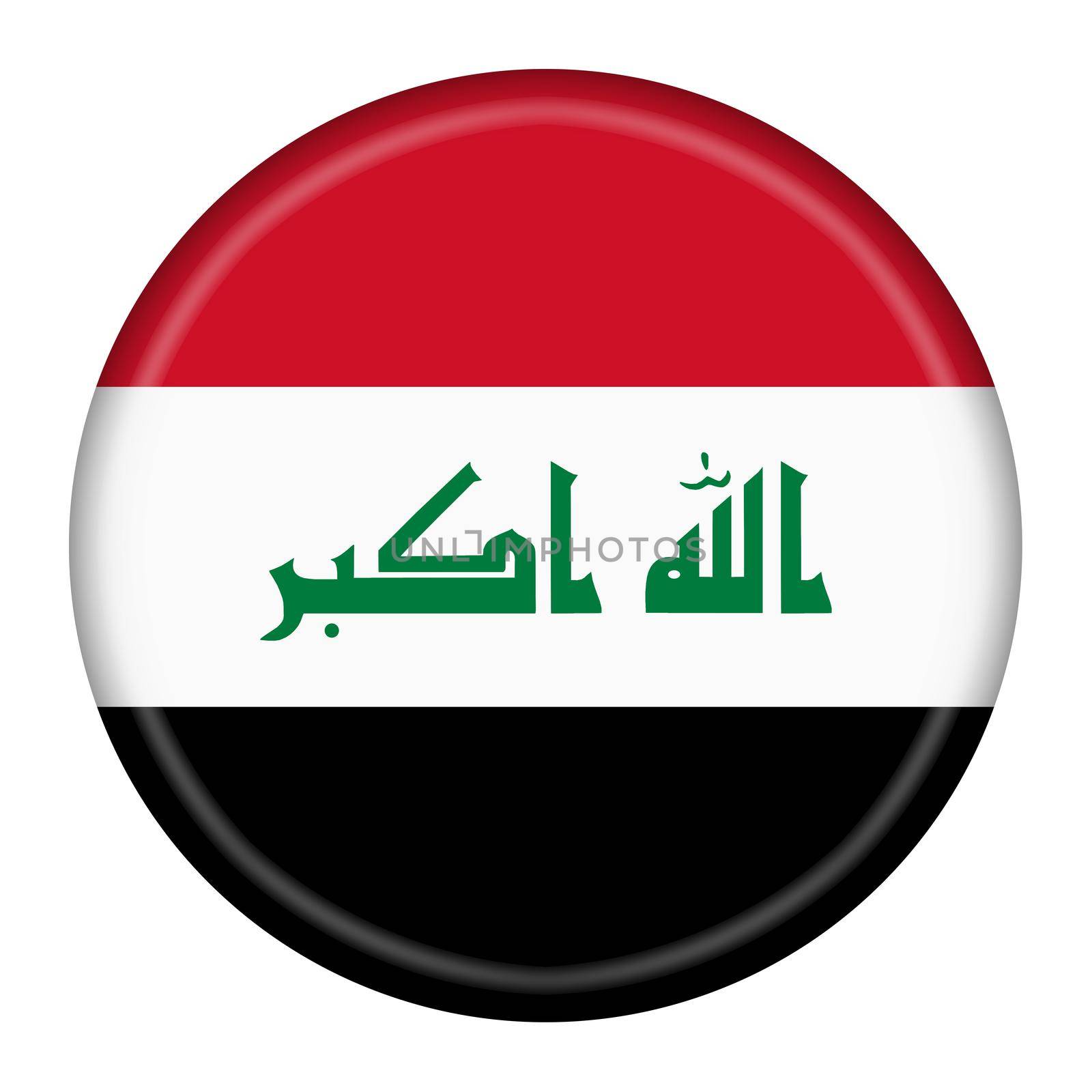 An Iraq flag button 3d illustration with clipping path red white black green takbir