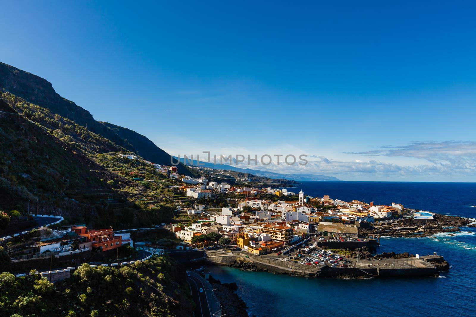 Aerial view of Garachico village on the coast of Atlantic ocean in Tenerife island of Spain