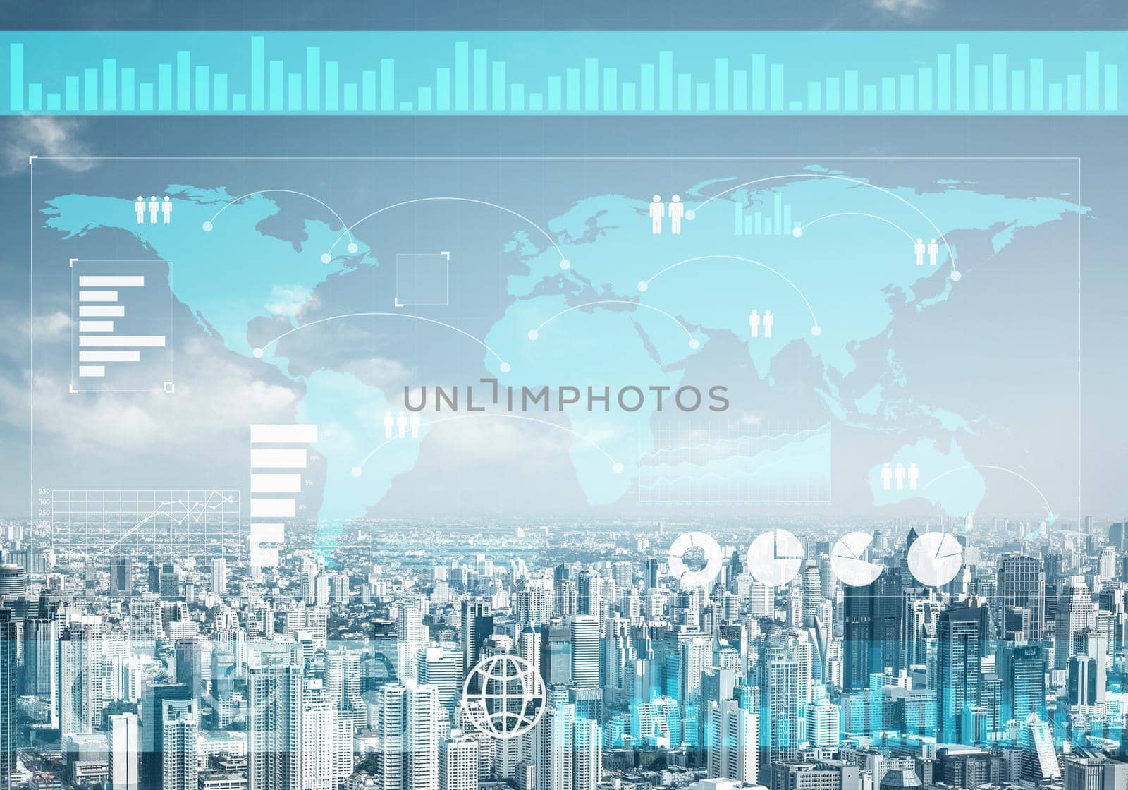 Stock market data on background of modern cityscape. Virtual interface of online trading platform. Digital economic indexes, complex financial analytics and statistics. Data analysis service.