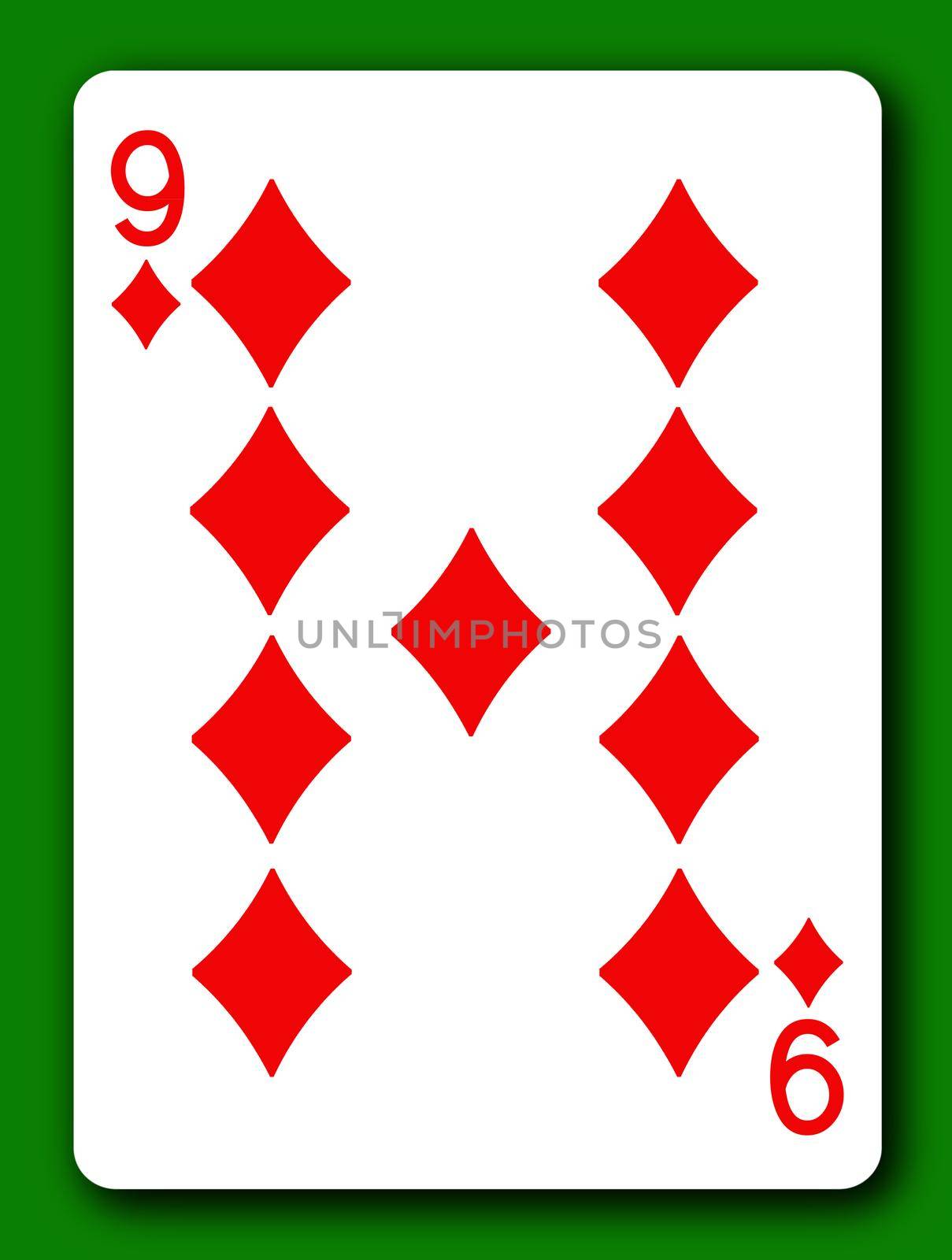 A 9 Nine of Diamonds playing card with clipping path to remove background and shadow