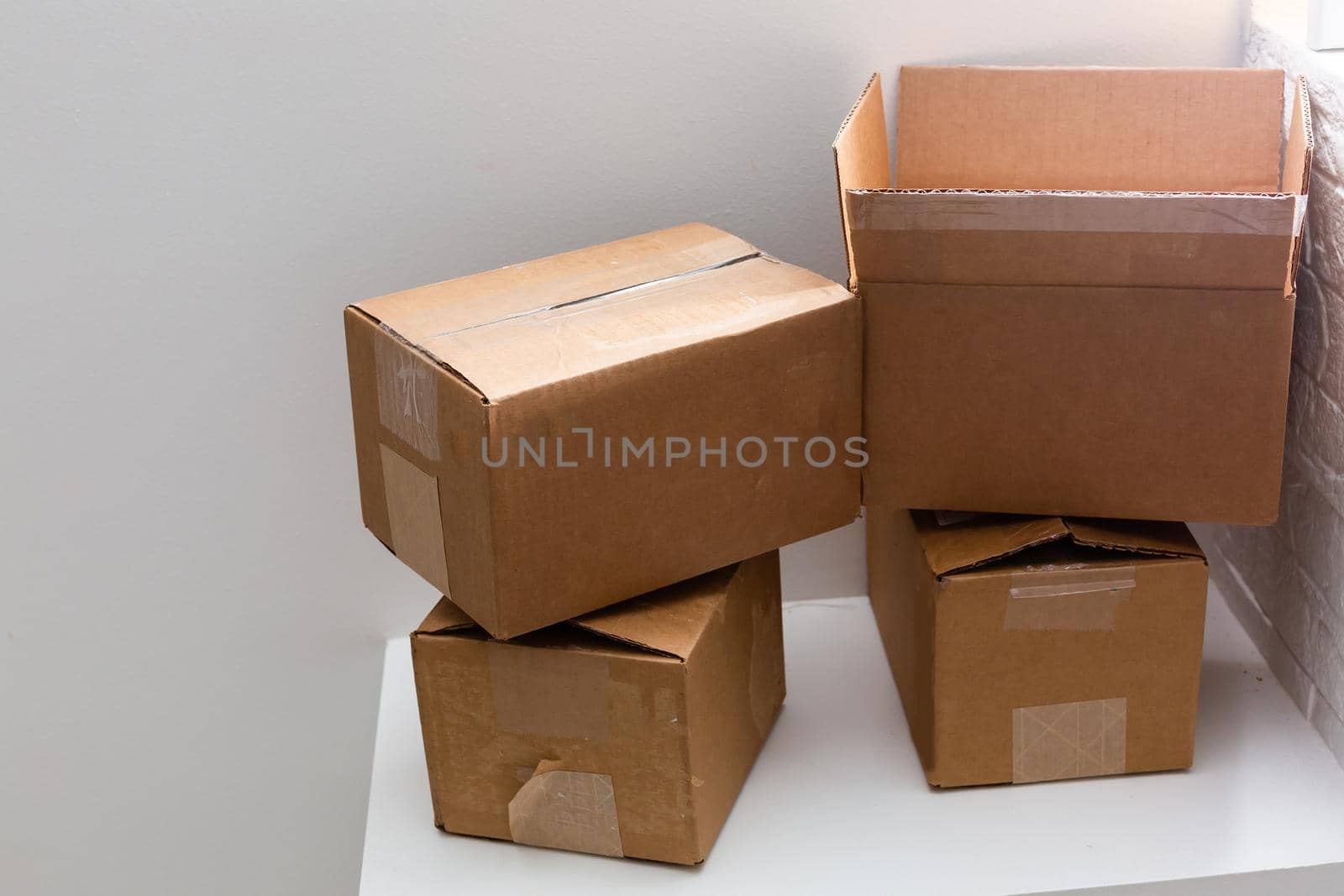 Lot of cardboard boxes on white background