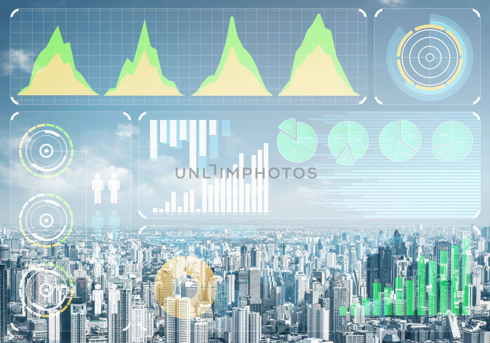 Double exposure business concept with abstract stock market data on background of modern cityscape. Virtual interface of online trading platform. Digital economic indexes, analytics and statistics.