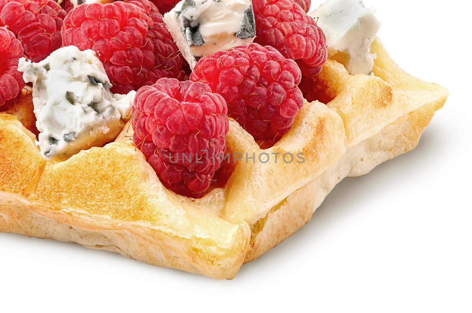 Closeup of french waffles with raspberries and dorblu cheese by Cipariss