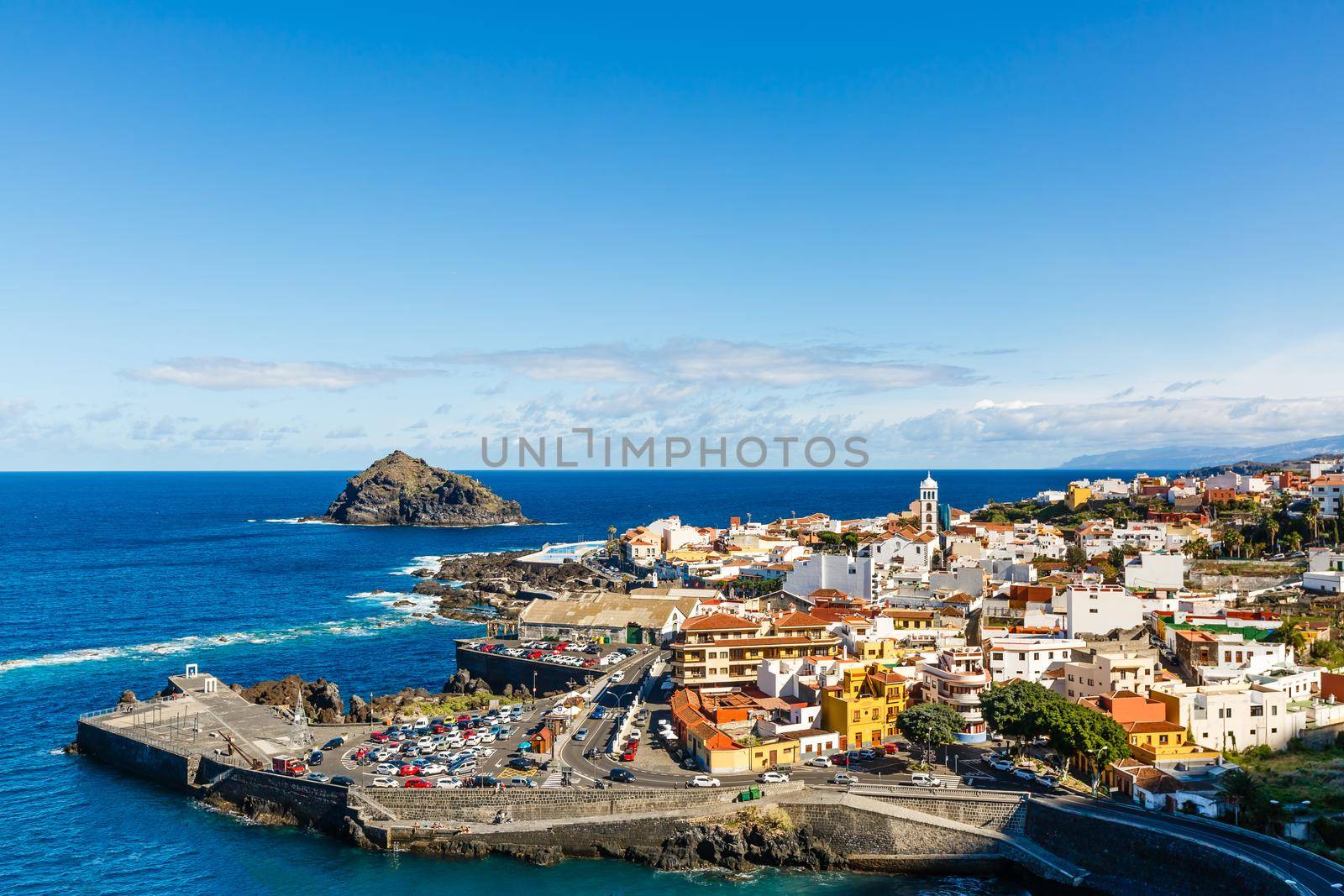 Aerial view of Garachico village on the coast of Atlantic ocean in Tenerife island of Spain