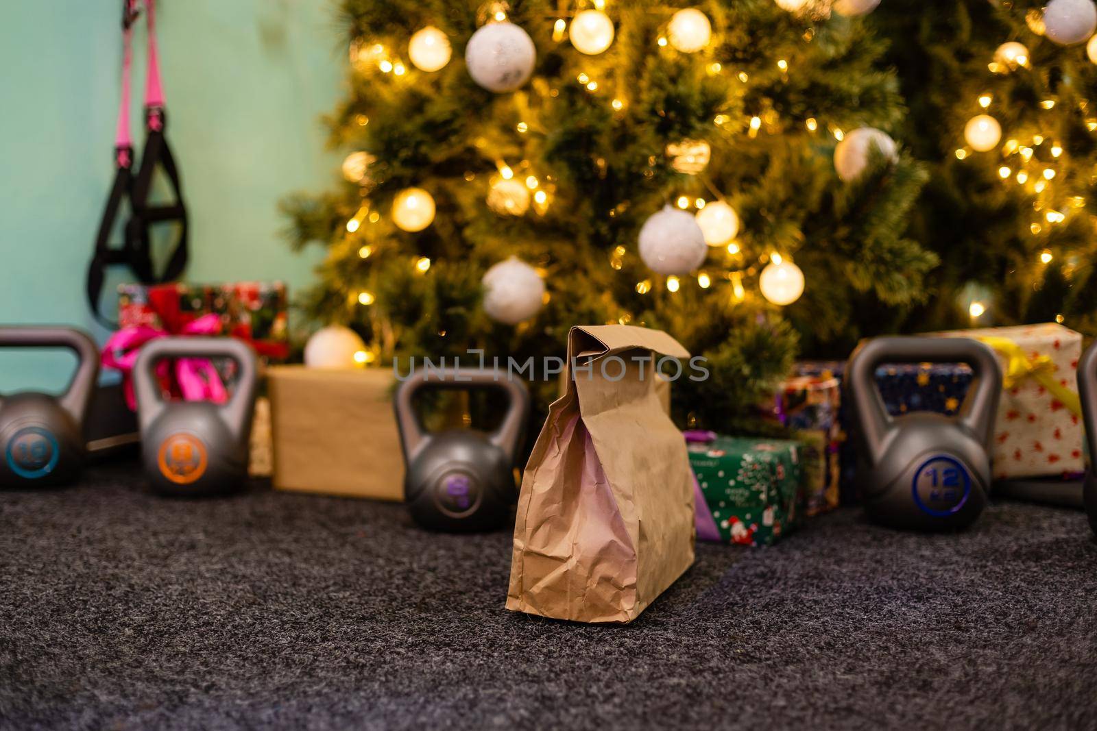 delivery package for sports near the christmas tree