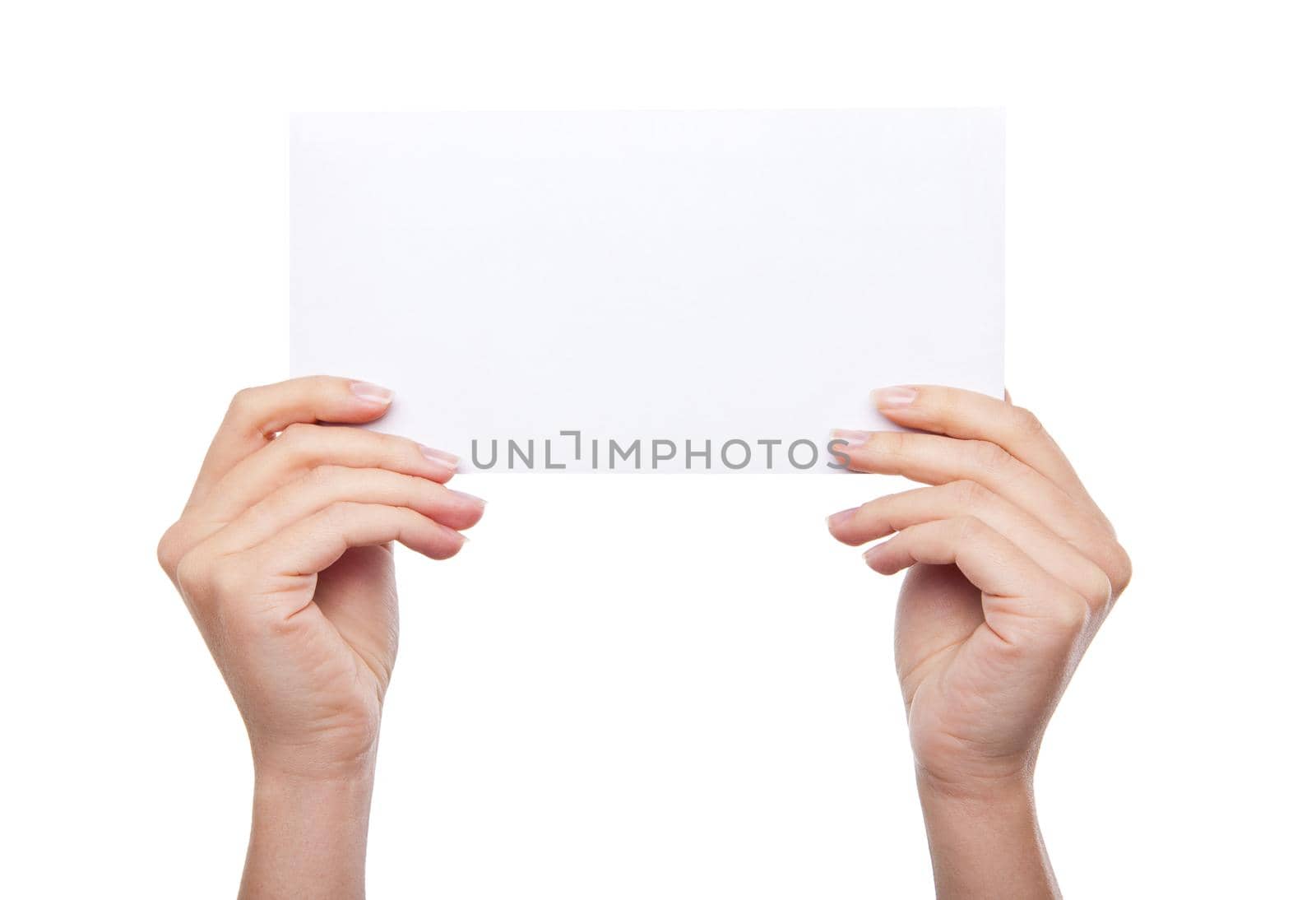 hand holding blank paper isolated on white background