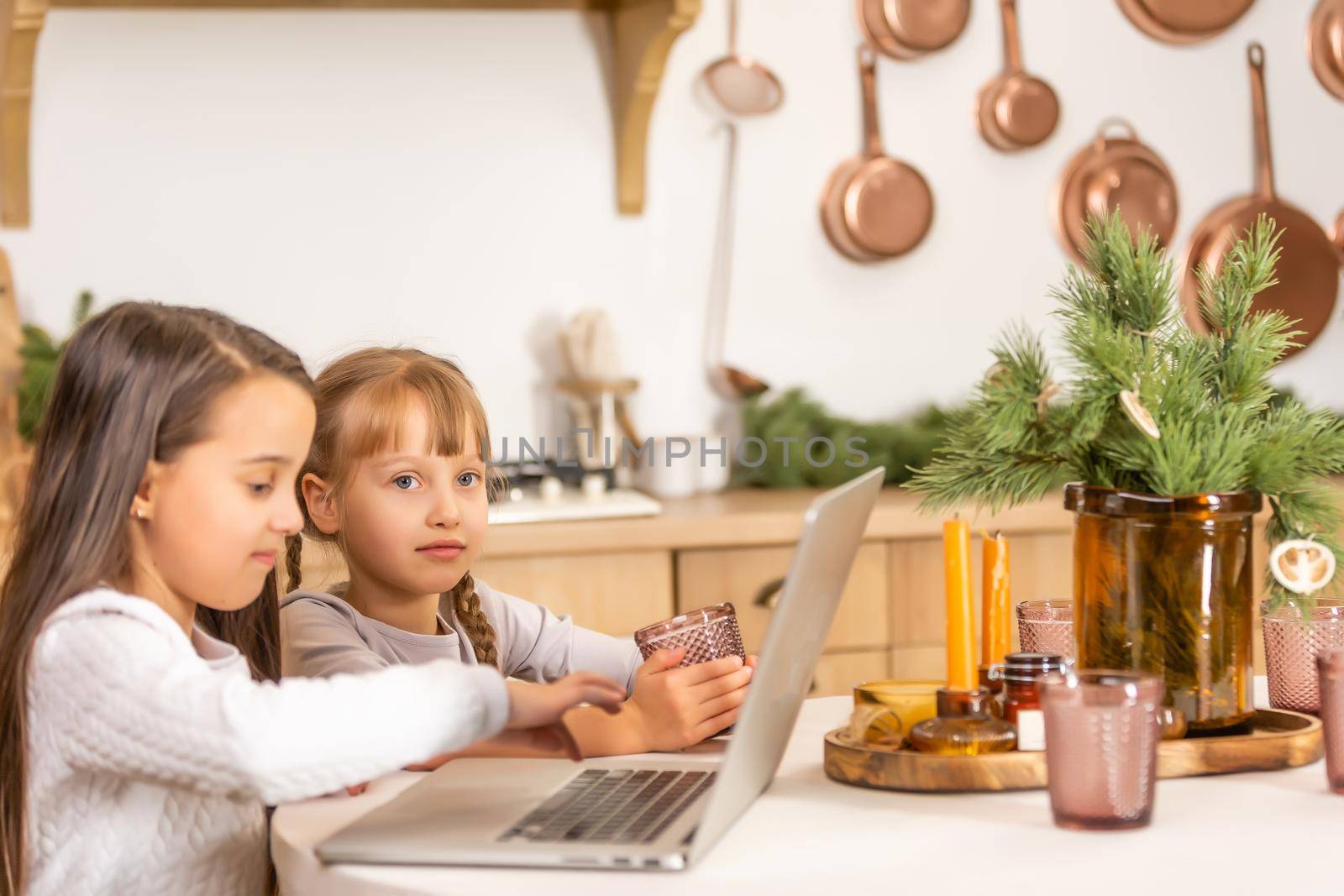two little girls studying online. Distance Learning Online, e-learning, concept by Andelov13