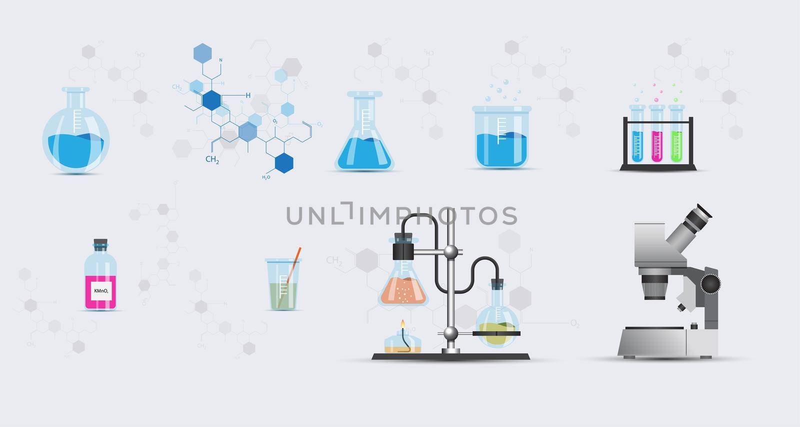 Collection of objects from the chemical laboratory. Flasks, test tubes, alcohol burner, tripod and microscope. 3d illustration