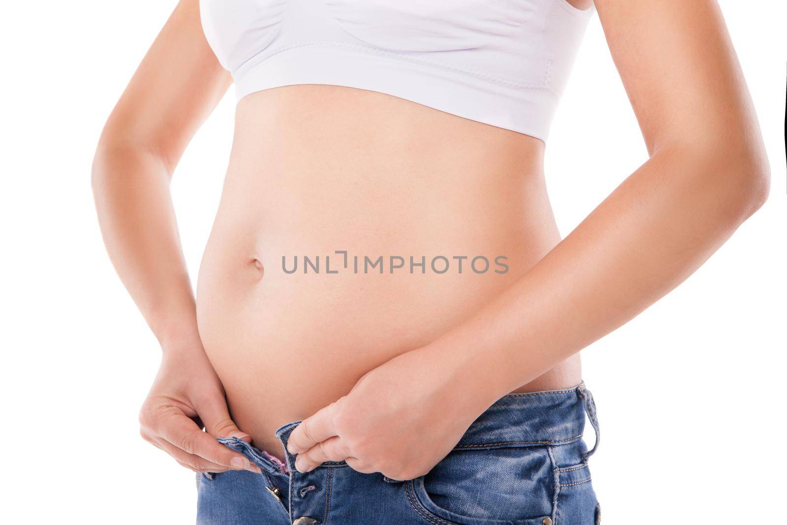 Pregnant belly woman wearing jeans by Julenochek