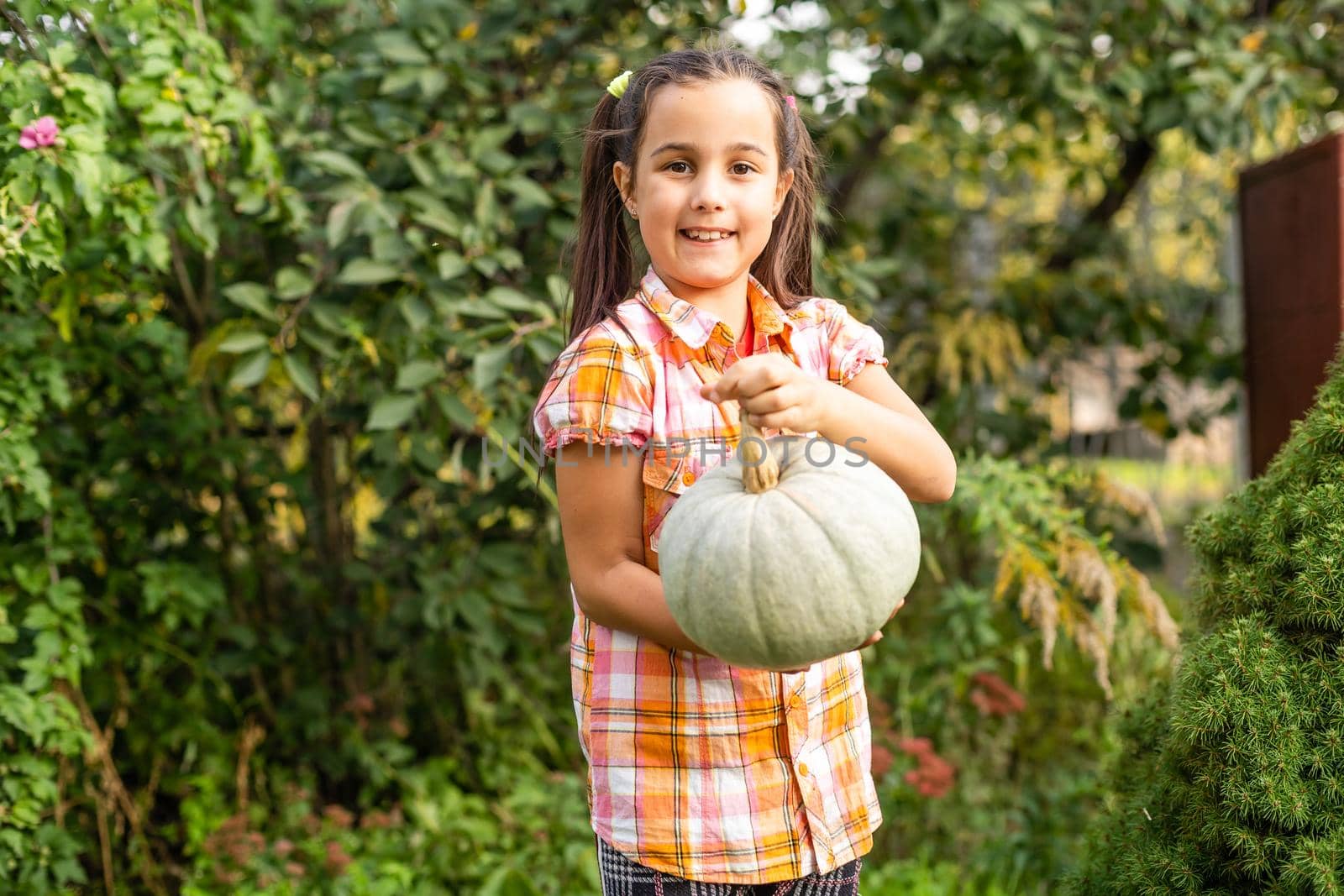 Playing outdoors cute little girl holding a pumpkin by Andelov13