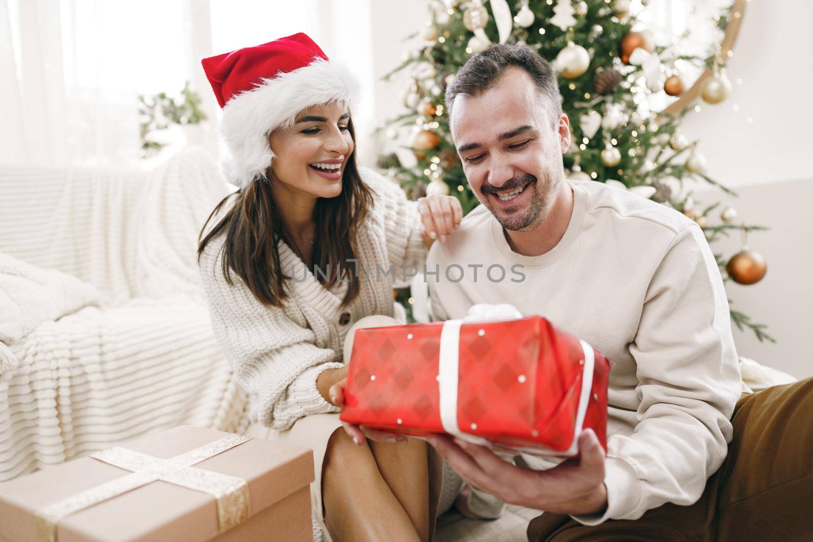 Young cheerful couple in love with present for Christmas, portrait
