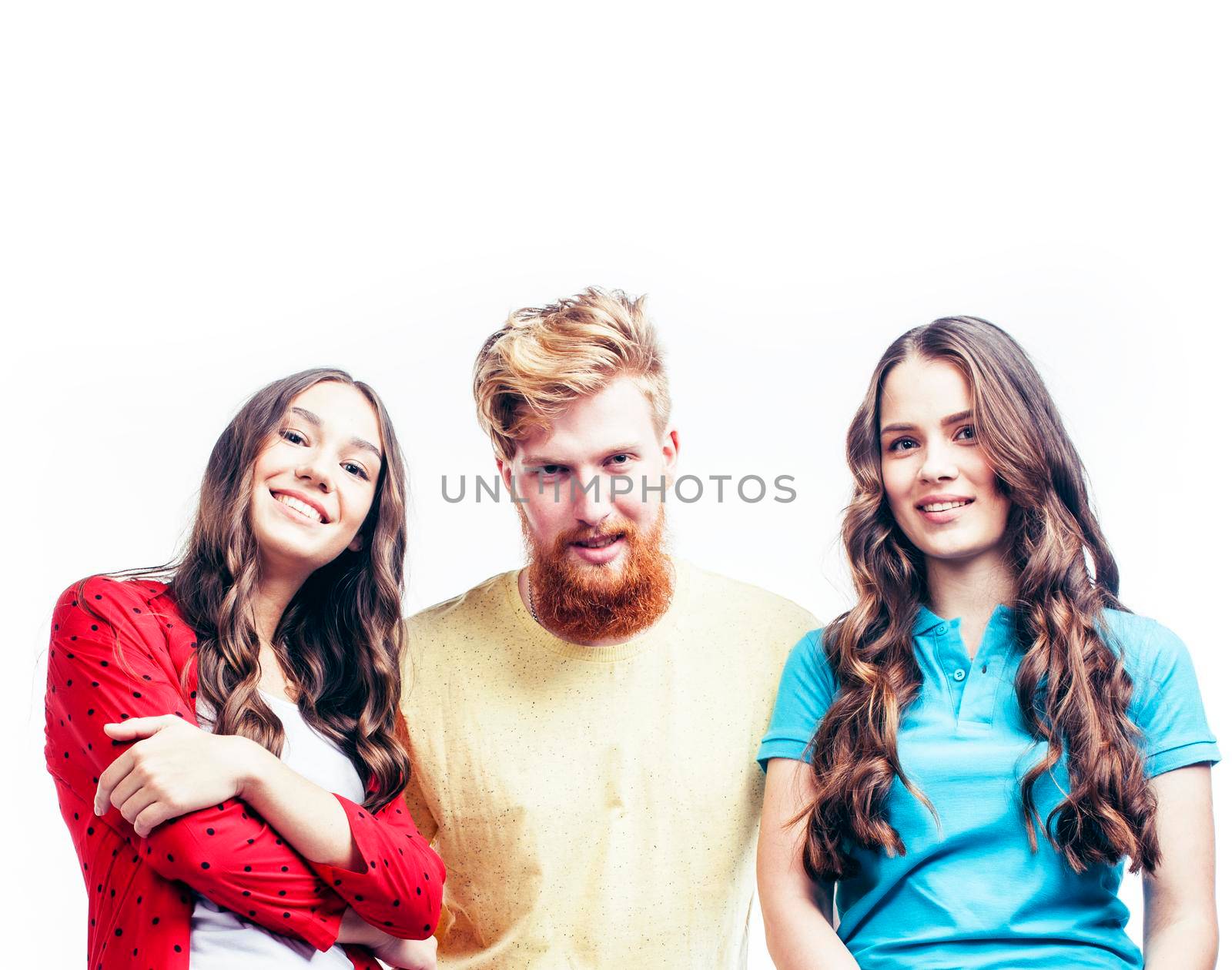 company of hipster guys, bearded red hair boy and girls students having fun together friends, diverse fashion style, lifestyle people concept isolated on white background by JordanJ