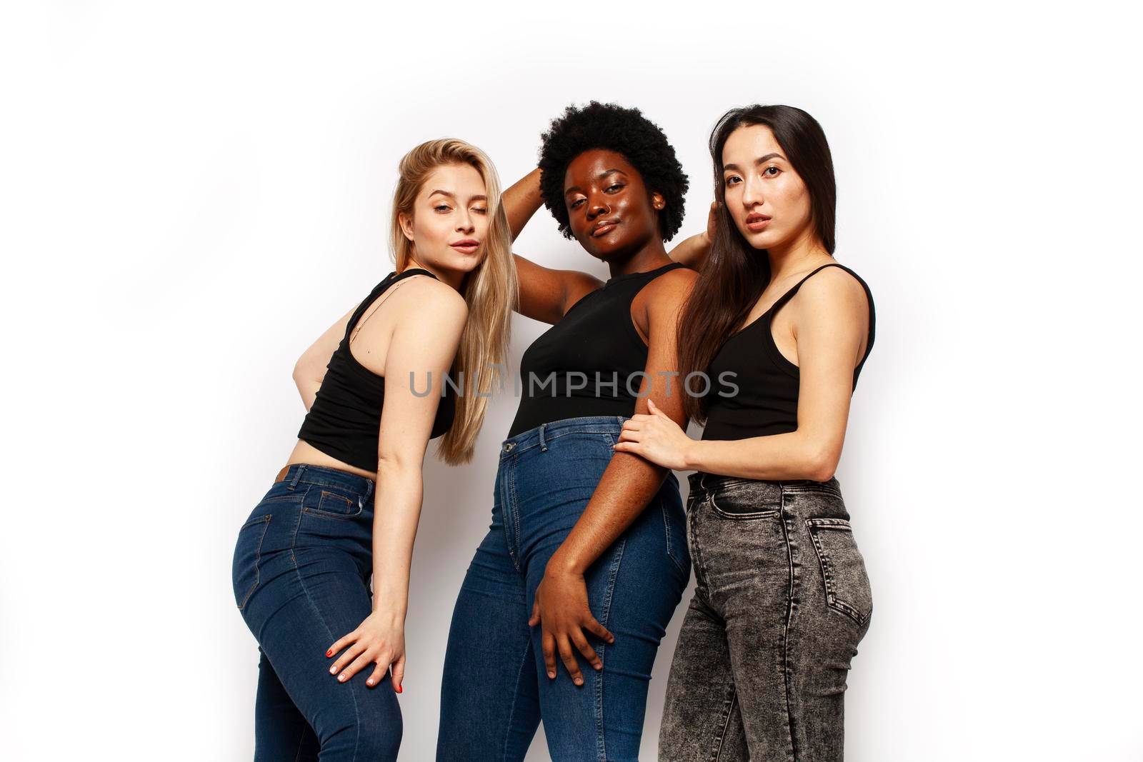 diverse multi nation girls group, teenage friends company cheerful having fun, happy smiling, cute posing isolated on white background, lifestyle people concept, african-american, asian and caucasian close up