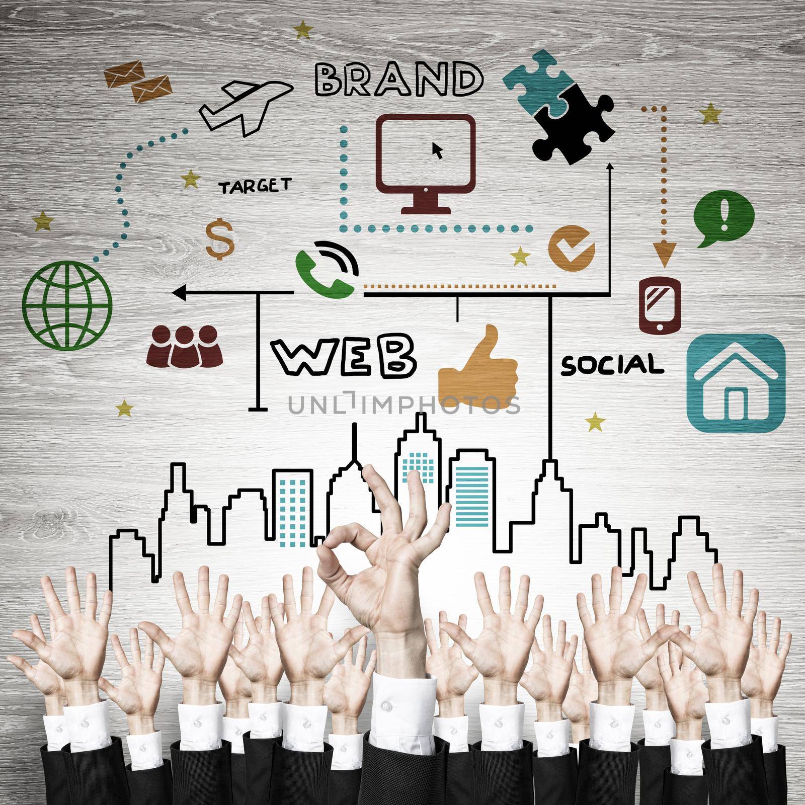 Group of hands of businesspeople showing gestures on wooden background